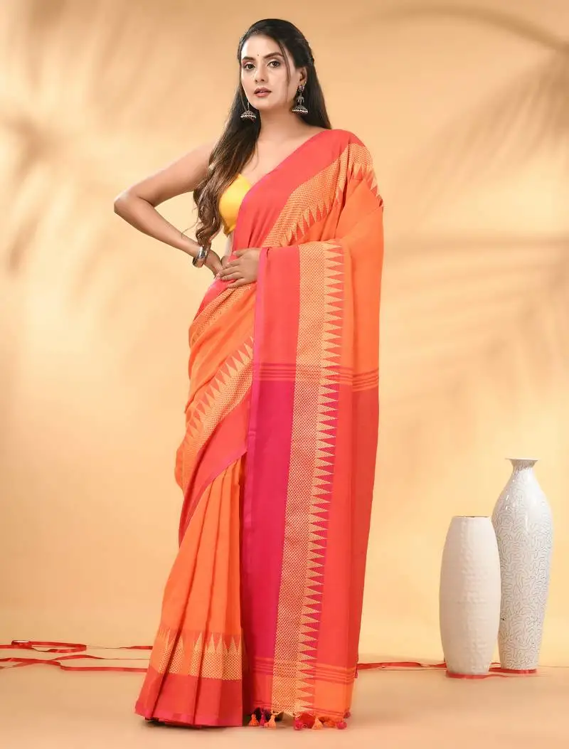Orange and pink cotton saree with geometric woven border