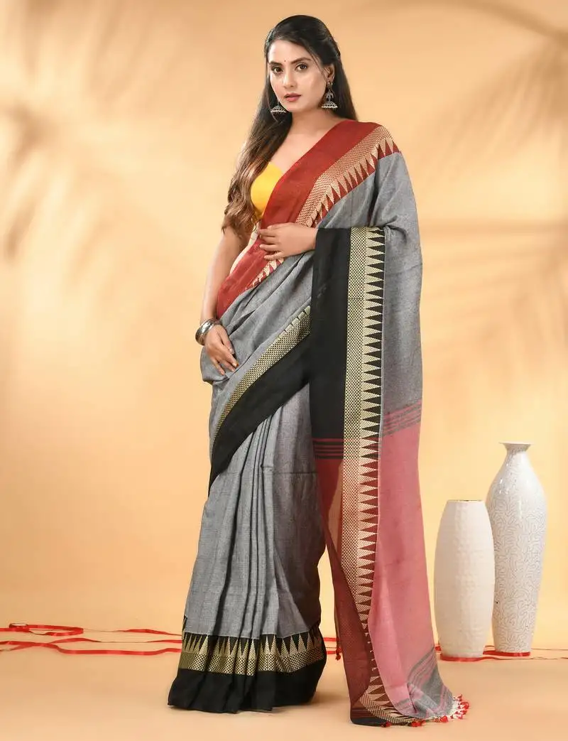 Grey and maroon cotton blend saree with black contrast border