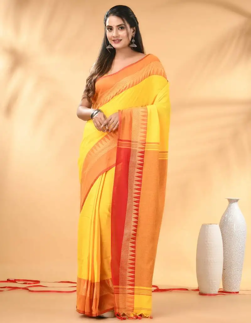 Yellow and red cotton saree with geometric woven border