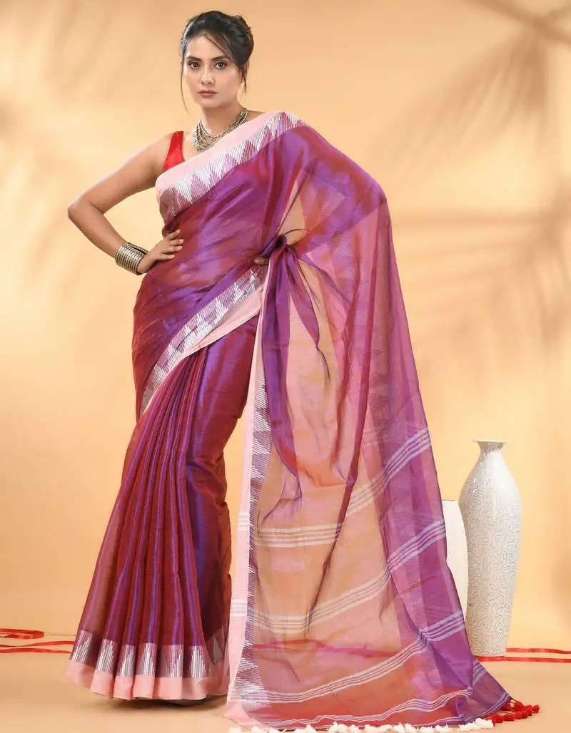 Magenta and white tissue saree with woven geometric border