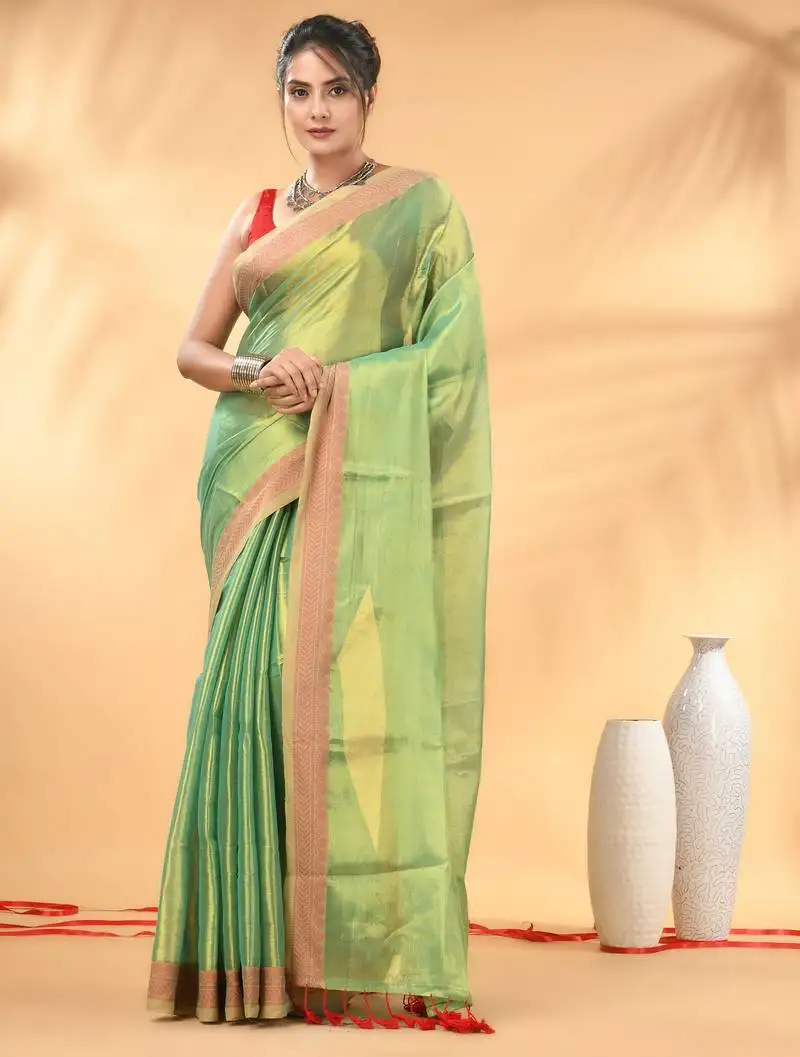 Sea green golden glow tissue saree