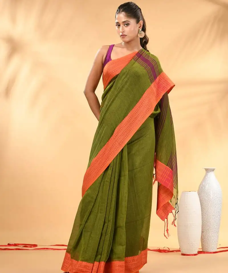 Olive green soft mulmul cotton saree