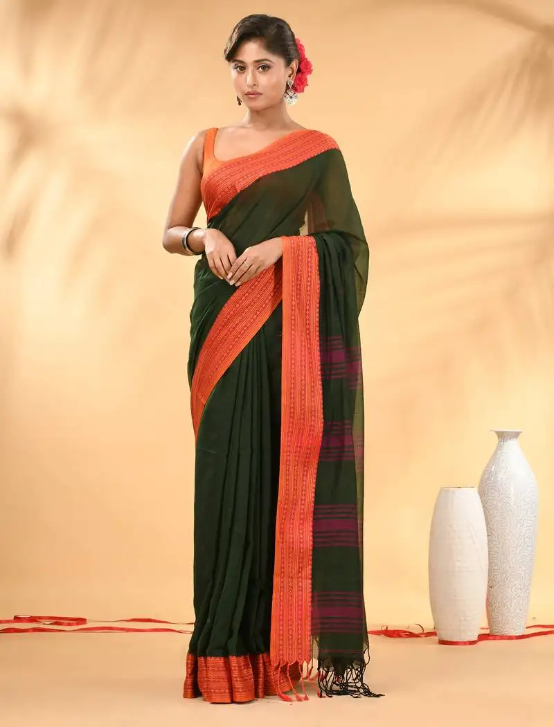Forest green soft mulmul cotton saree