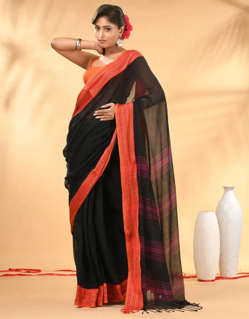Black soft mulmul cotton saree