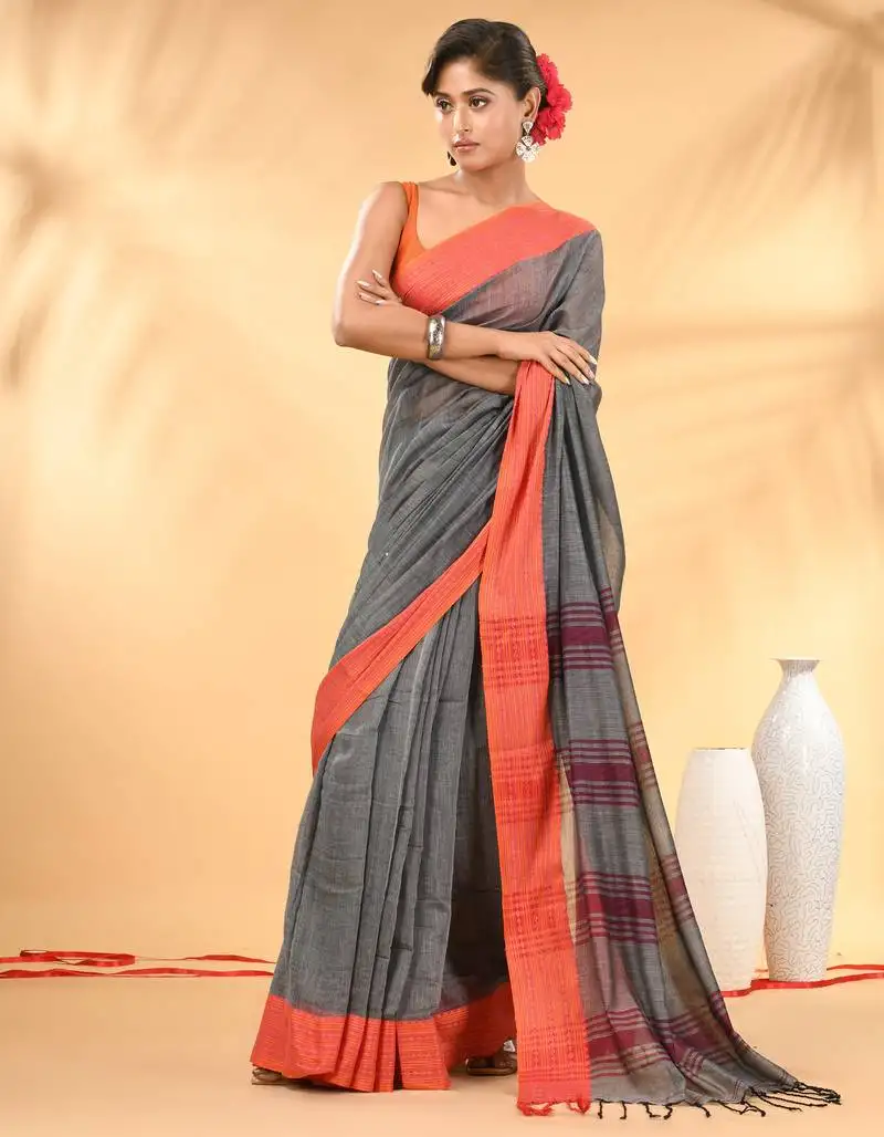Grey soft mulmul cotton saree
