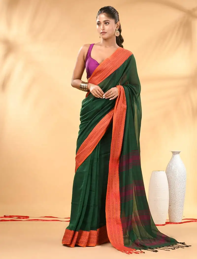 Green soft mulmul cotton saree