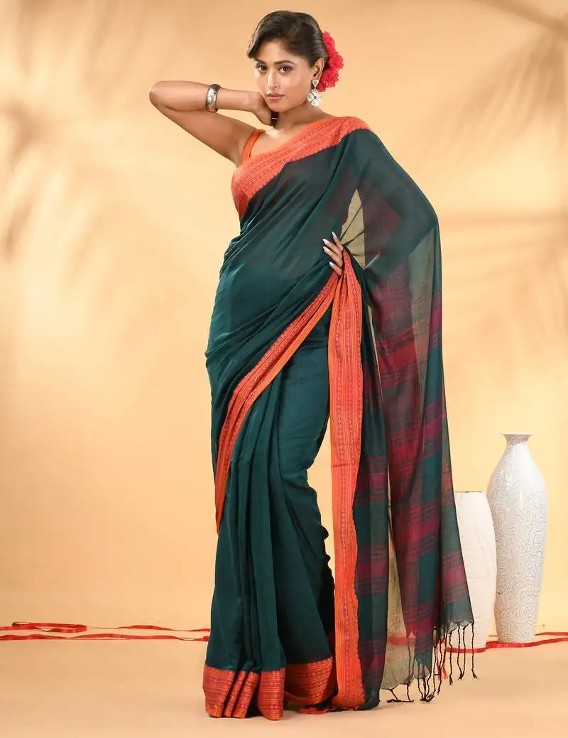 Teal soft mulmul cotton saree