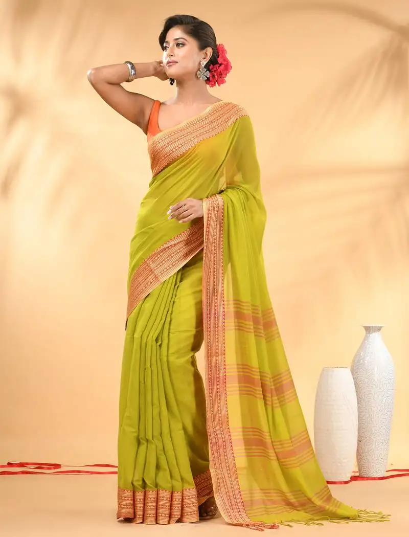 Lime green soft mulmul cotton saree