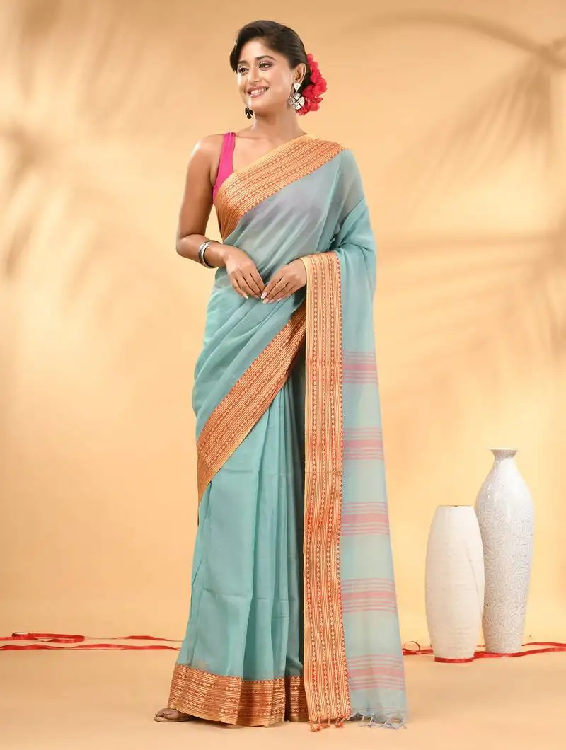 Turquoise blue soft mulmul cotton saree