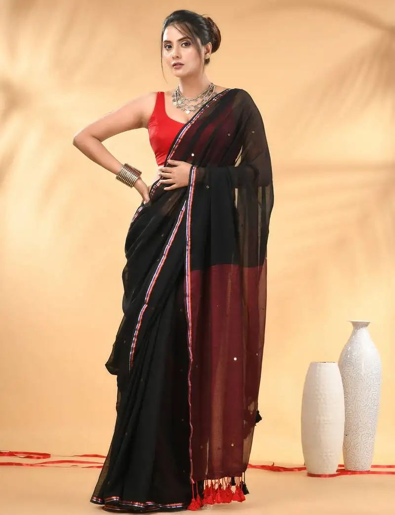 Black and red sequin mulmul cotton saree