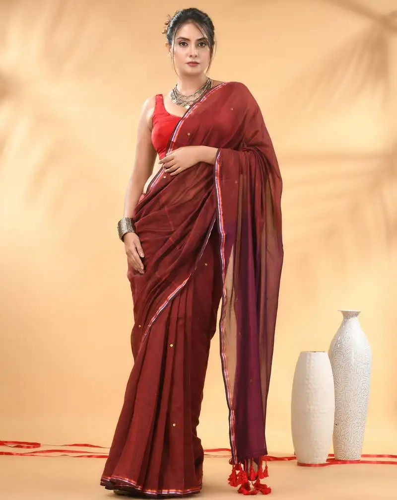 Red and magenta sequin mulmul cotton saree