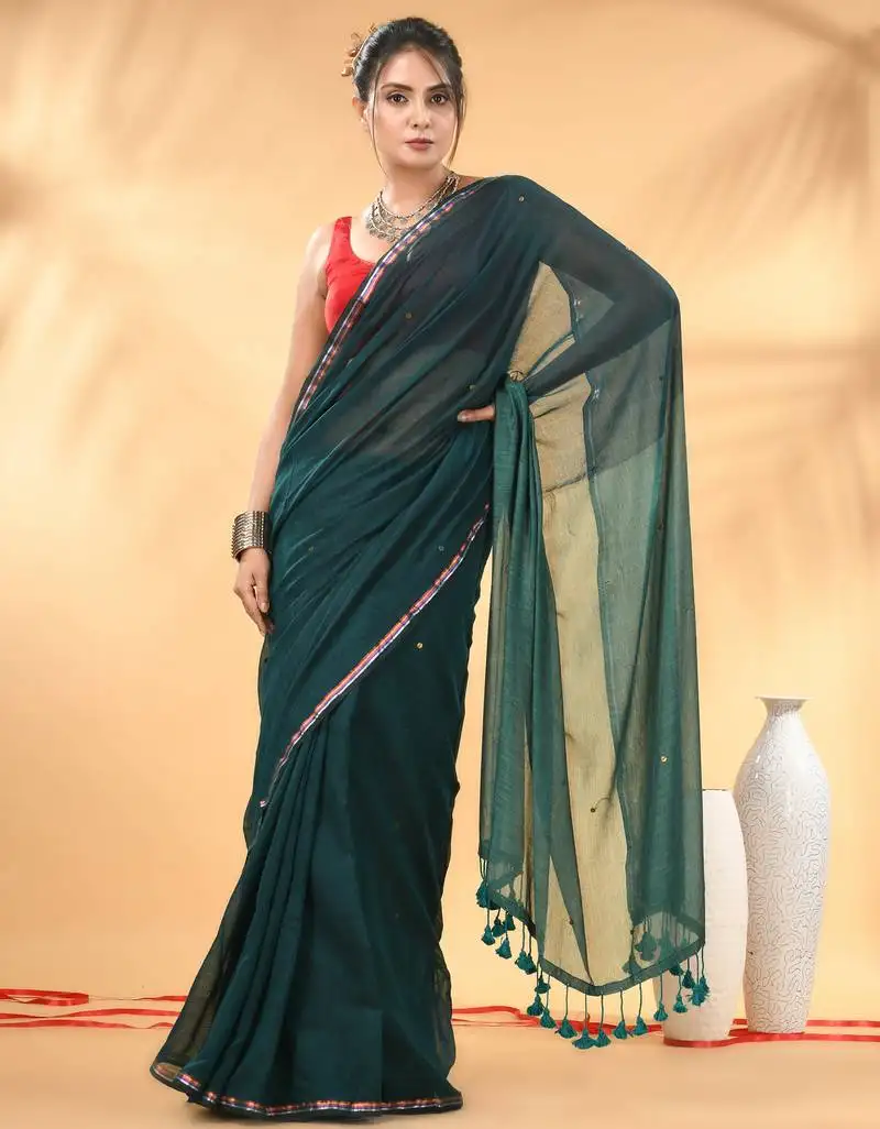 Dark and light teal sequin mulmul cotton saree