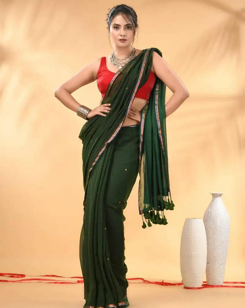 Dark and light green sequin mulmul cotton saree