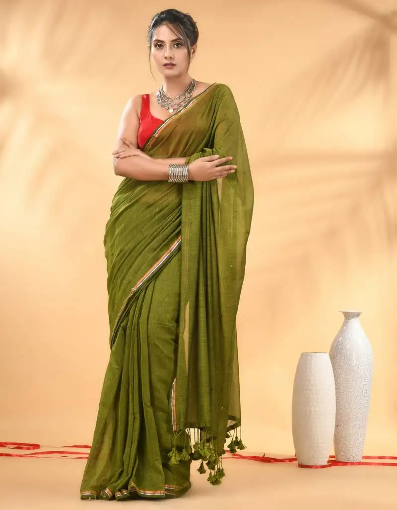 Olive green sequin mulmul cotton saree