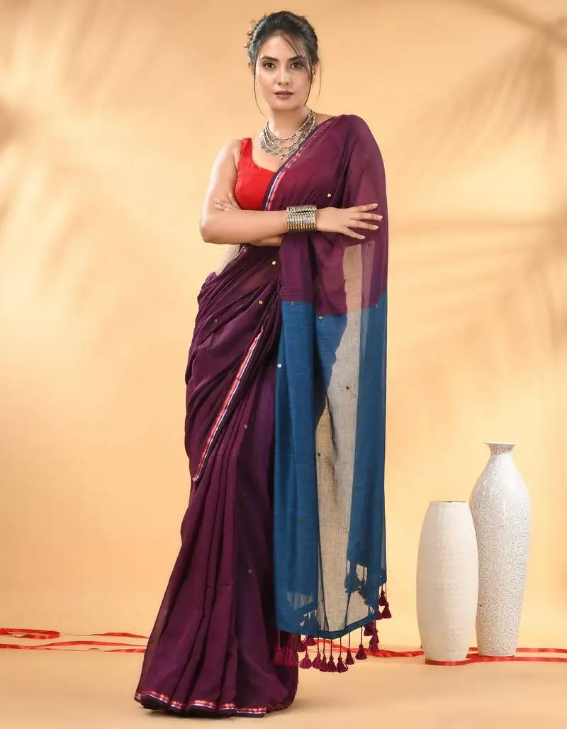 Purple and sapphire blue sequin mulmul cotton saree