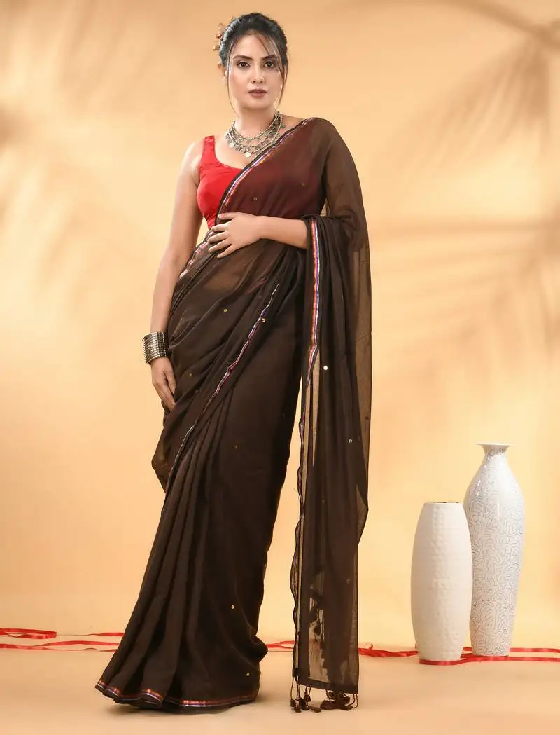 Brown sequin mulmul cotton saree