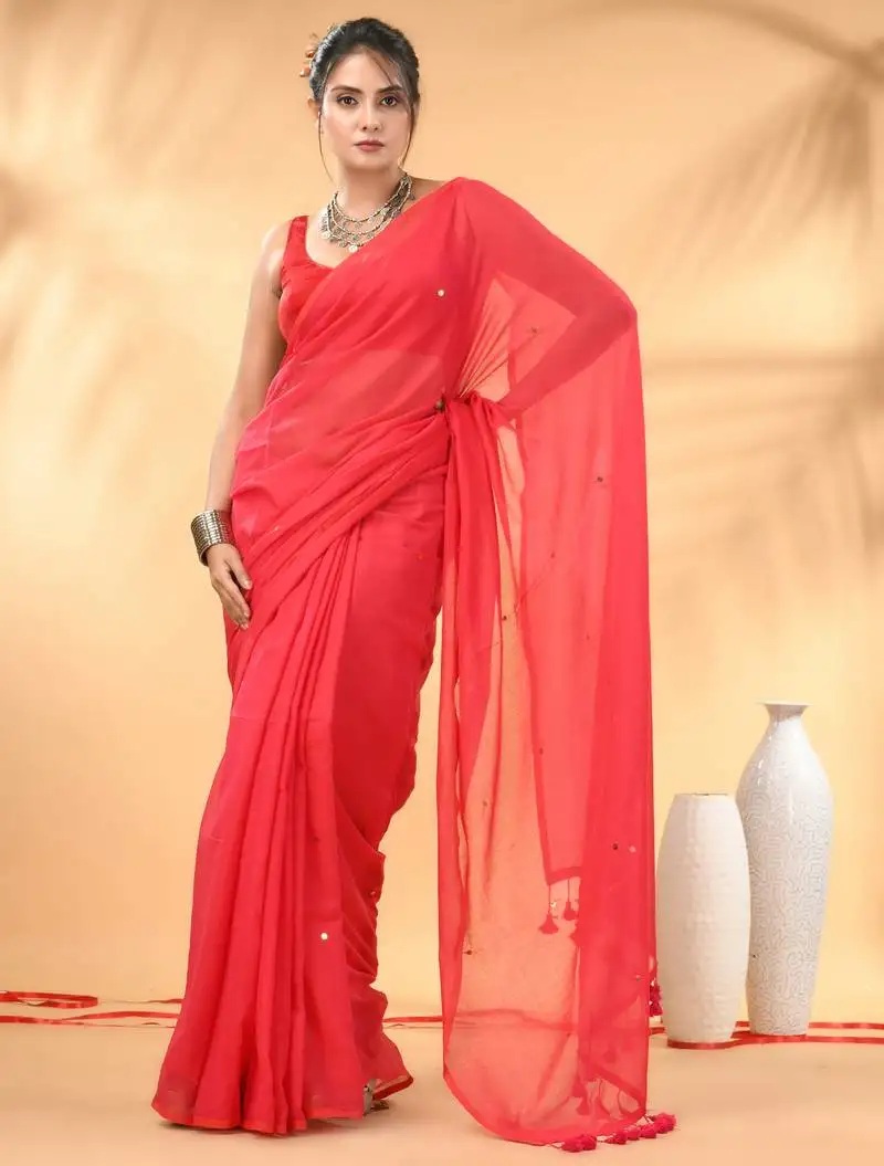 Rose red sequin mulmul cotton saree