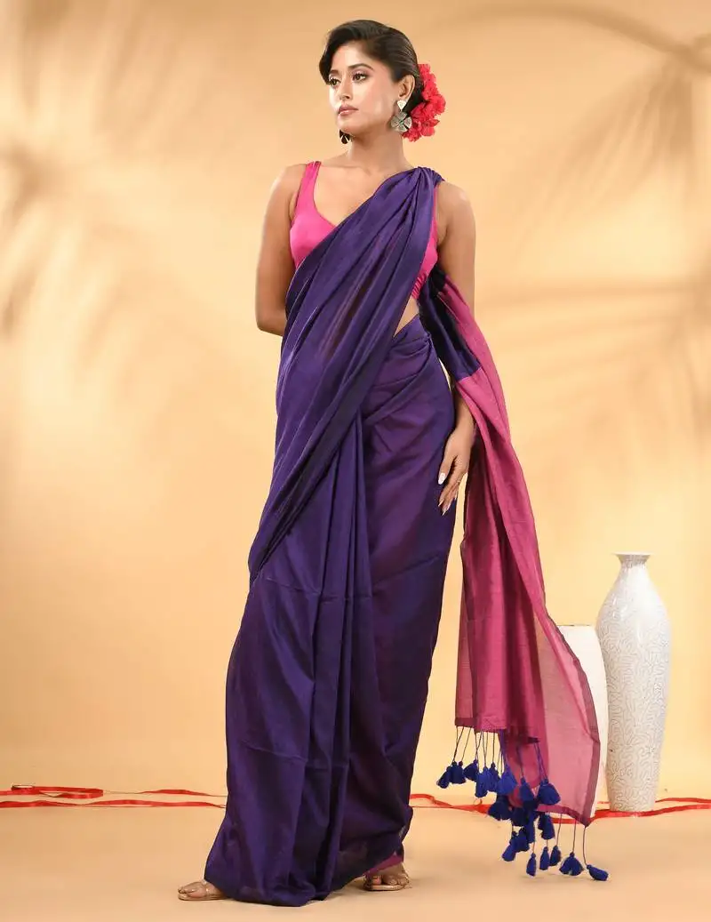 Purple and pink cotton handspun saree with tassel detailing