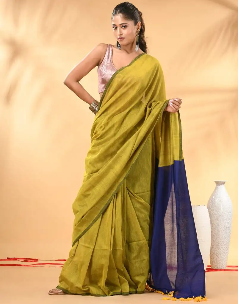 Lime green and blue cotton handspun saree with tassel detailing