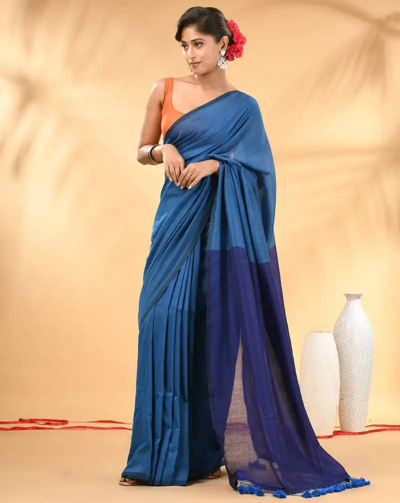 Sapphire blue and blue cotton handspun saree with tassel detailing
