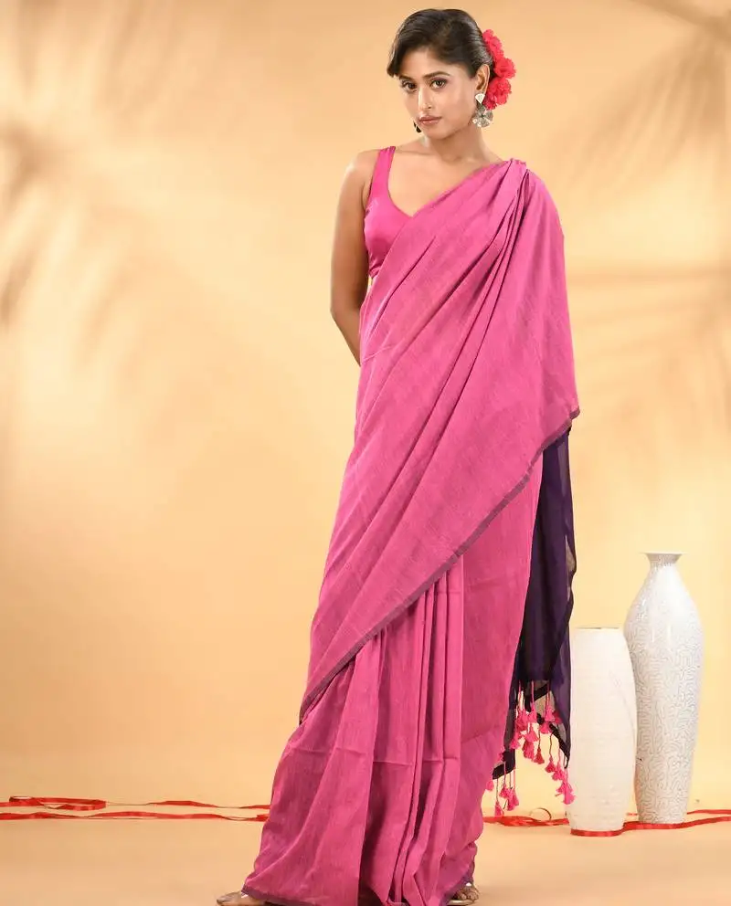 Pink and purple cotton handspun saree with tassel detailing