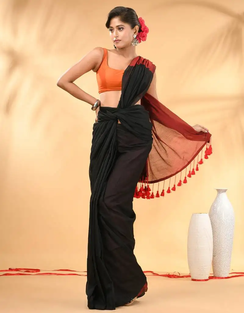 Black and red cotton handspun saree with tassel detailing