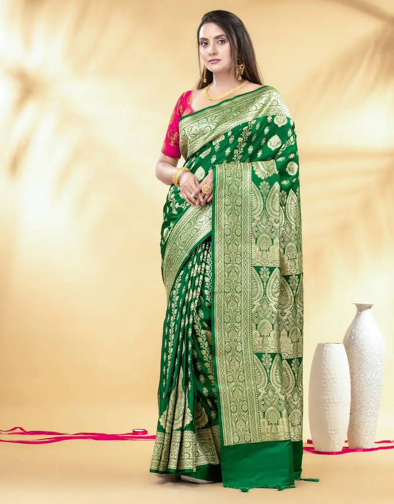 Green art silk banarasi saree with golden zari work