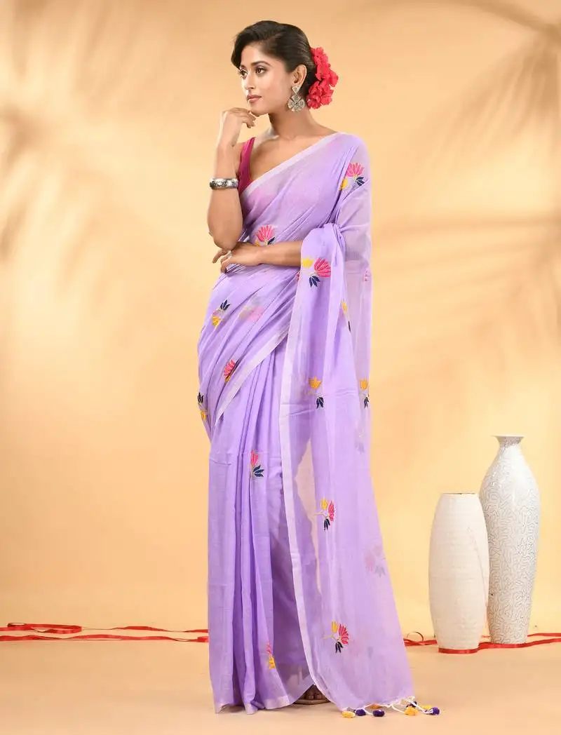 Lavender mulmul cotton saree with floral embroidery and tassel detailing