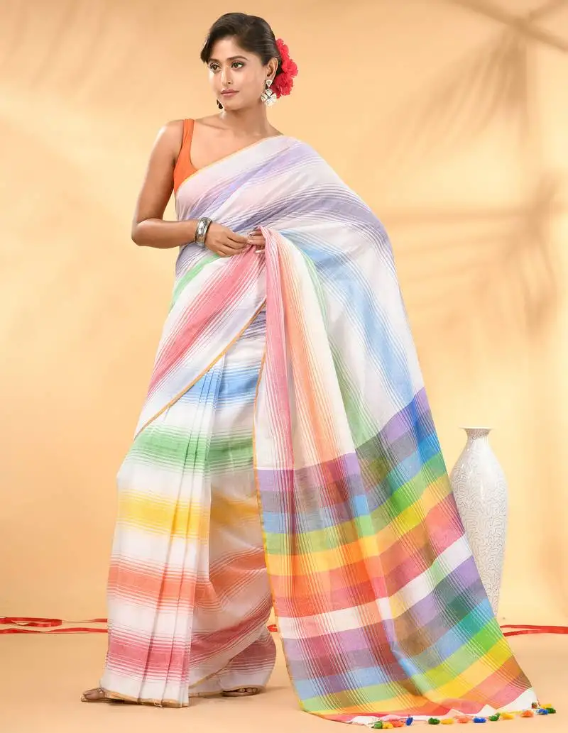 Rainbow stripes white mulmul cotton saree with tassel border