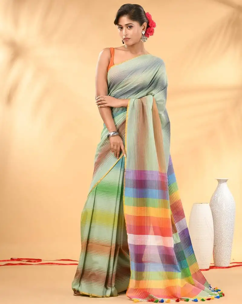 Rainbow stripes pistachio green mulmul cotton saree with tassel border