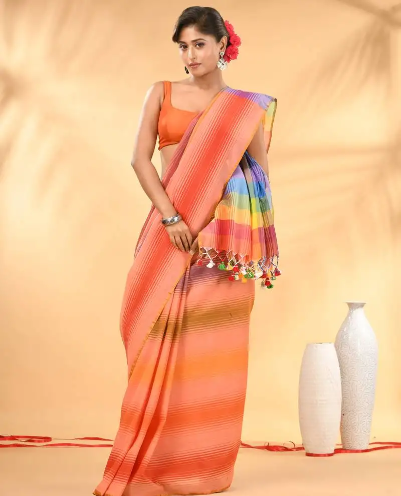 Rainbow stripes peach mulmul cotton saree with tassel border