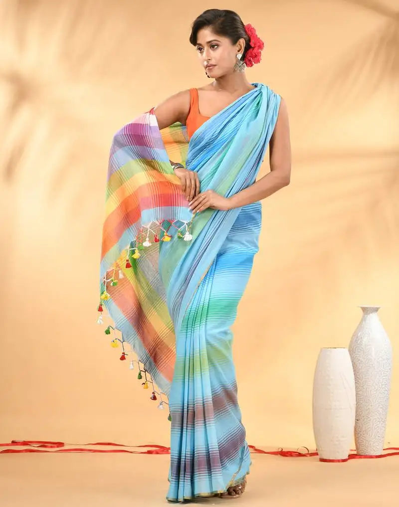 Rainbow stripes sky blue mulmul cotton saree with tassel border