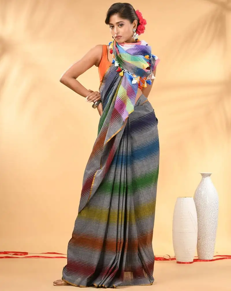 Rainbow stripes grey mulmul cotton saree with tassel border