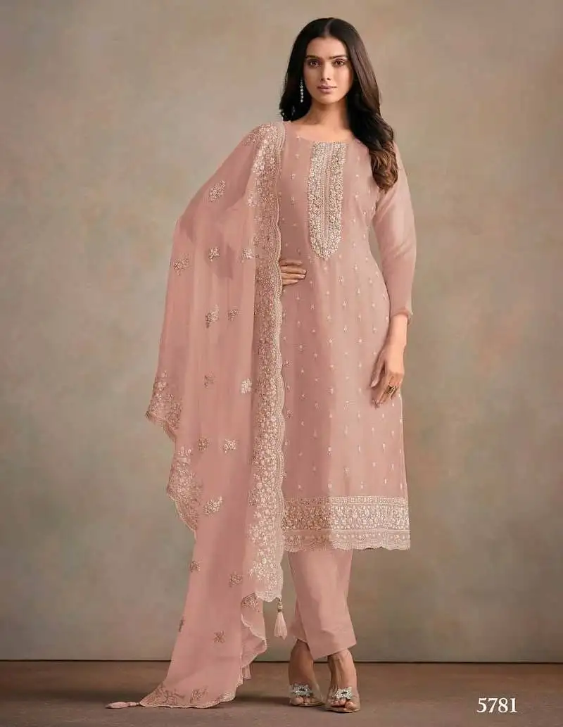 Baby pink organza silk semi stitched wedding suits