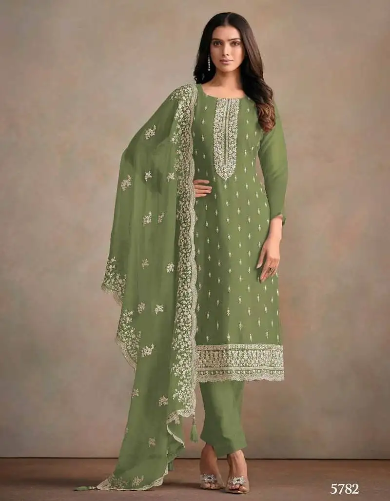 Olive green organza silk semi stitched wedding suits