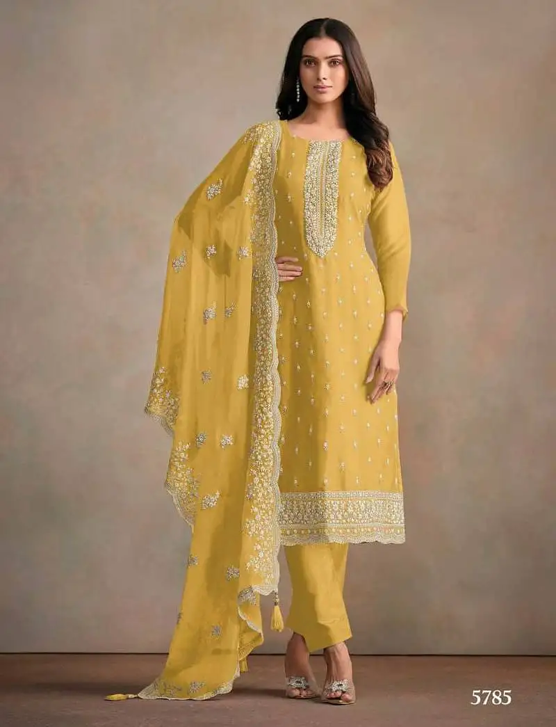 Yellow organza silk semi stitched wedding suits