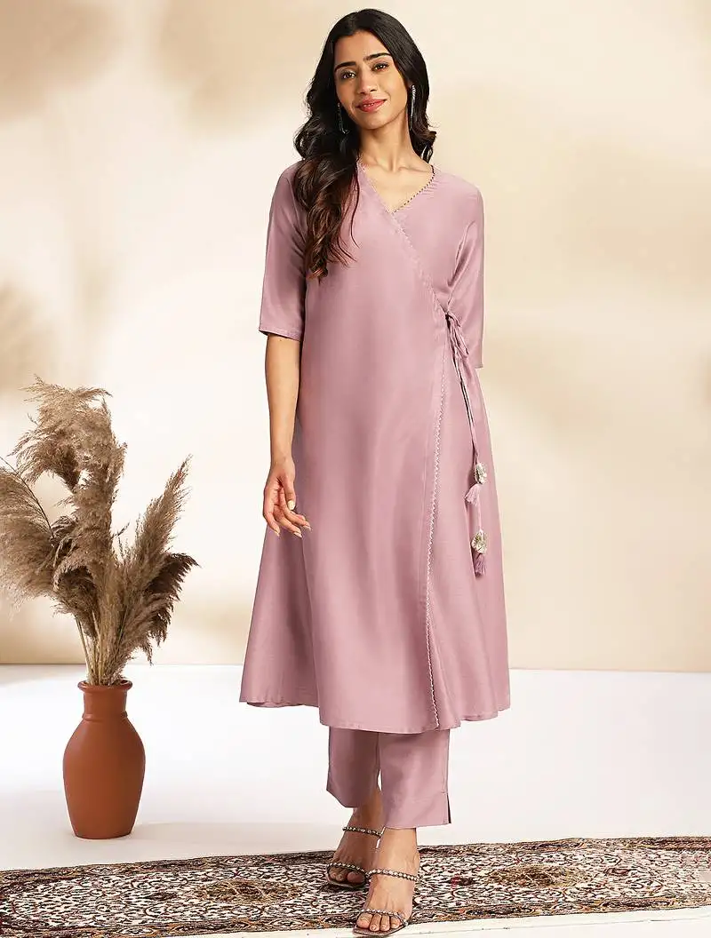 Women's lavender chinnon solid wrap kurta set