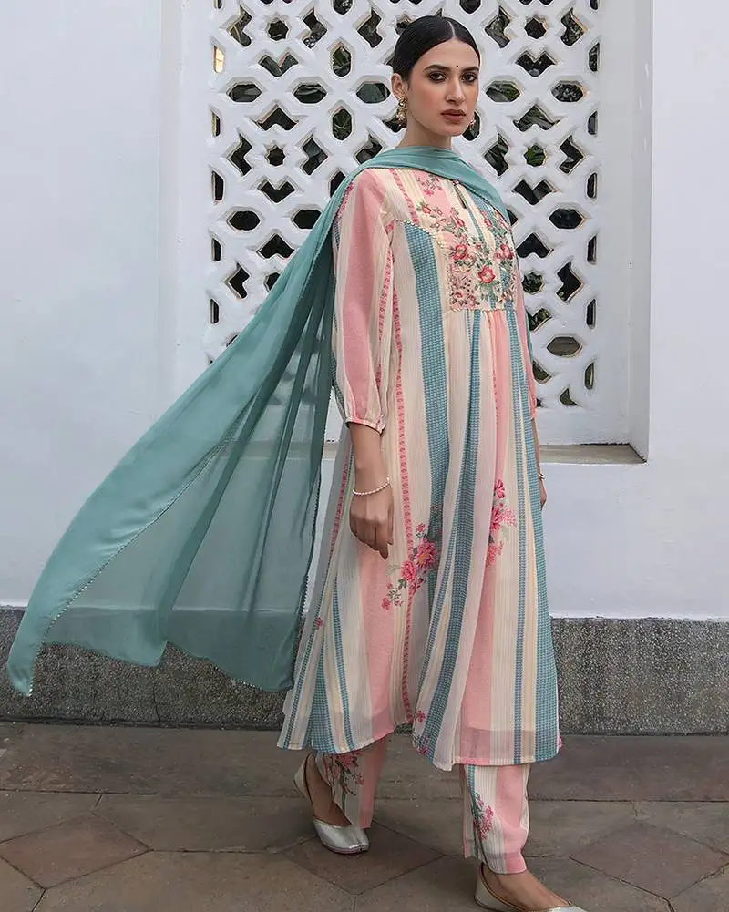 Women's cream georgette floral embroidered a-line kurta set