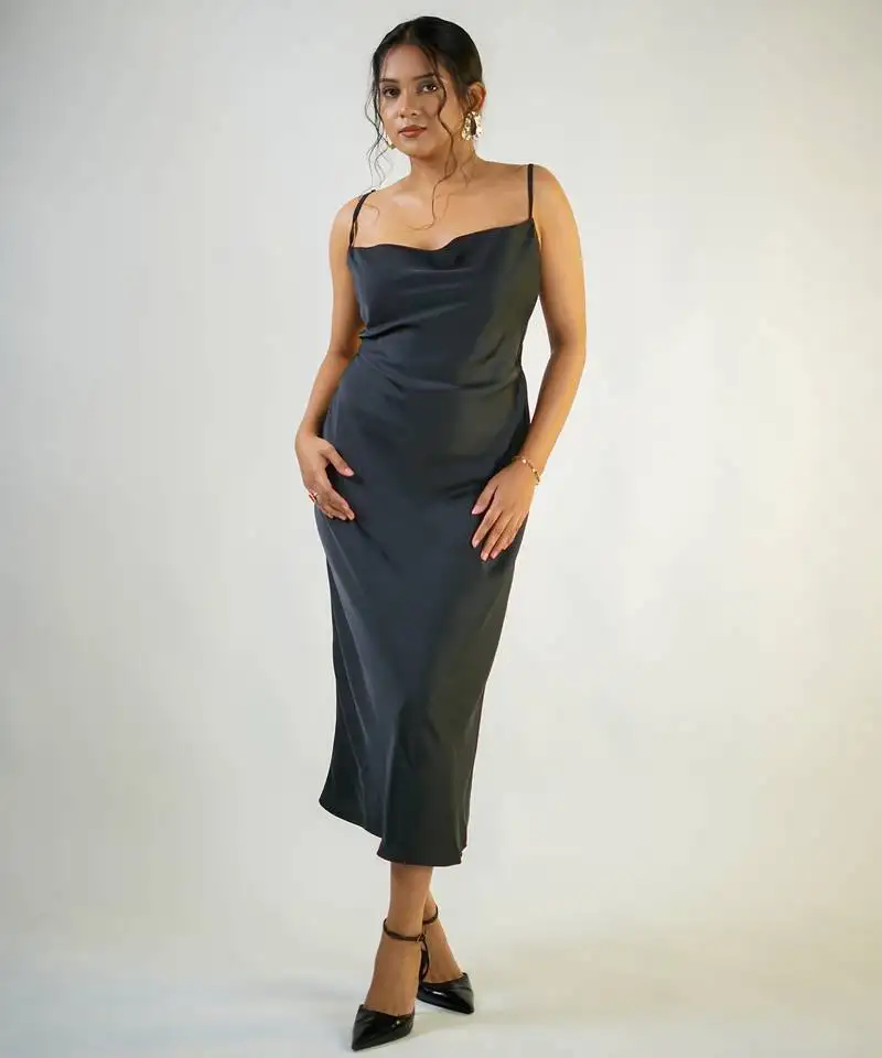 Black zara satin plain satin cowl neck dress western