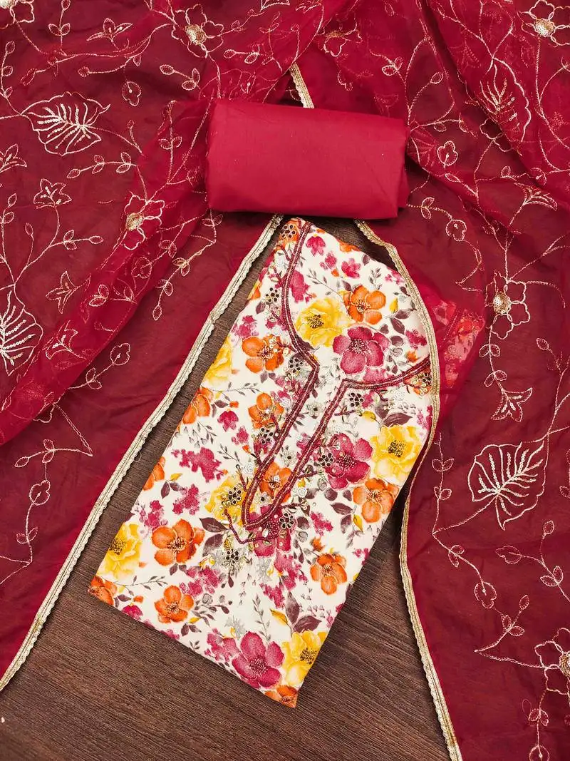 Women's red cotton handwork unstitched dress material