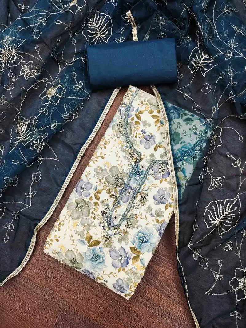 Women's navy blue cotton handwork unstitched dress material