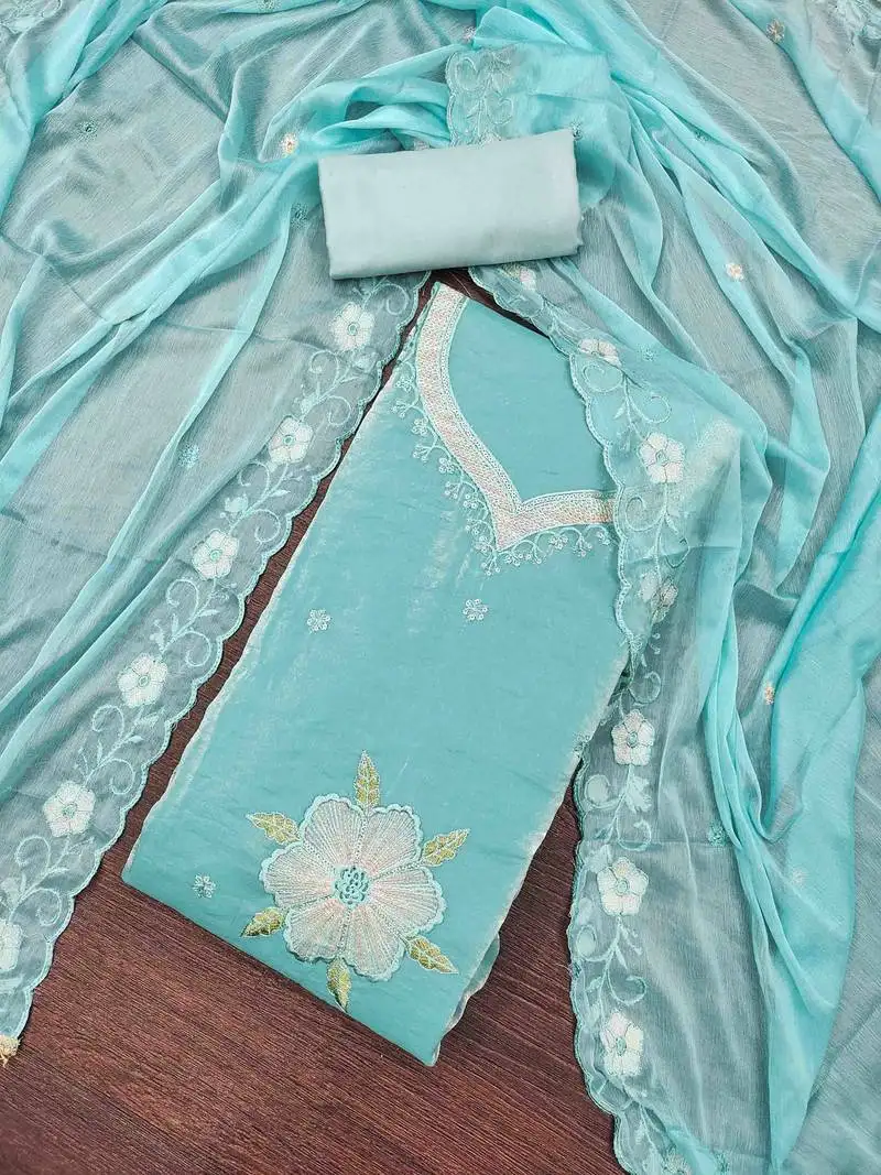 Women's blue viscose satin embroidered unstitched dress material