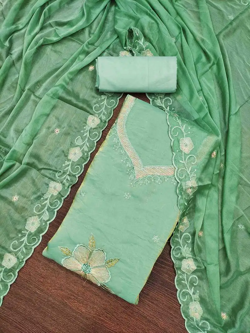 Women's green viscose satin embroidered unstitched dress material