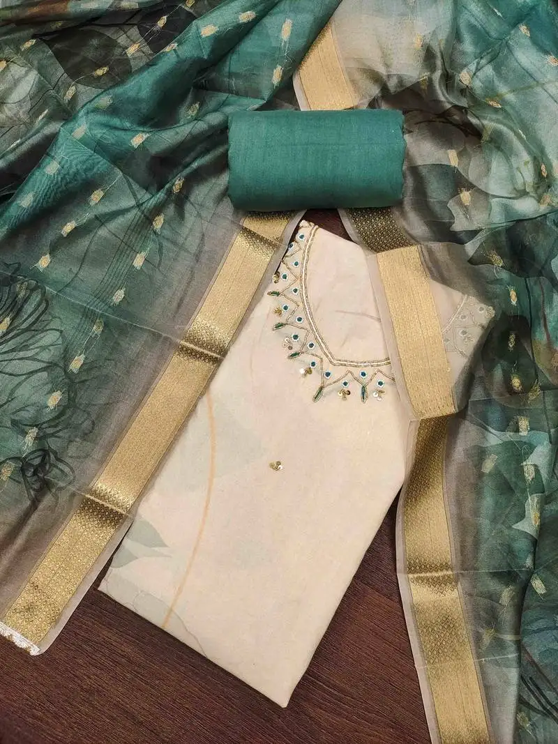 Women's turquoise cambric cotton handwork unstitched dress material