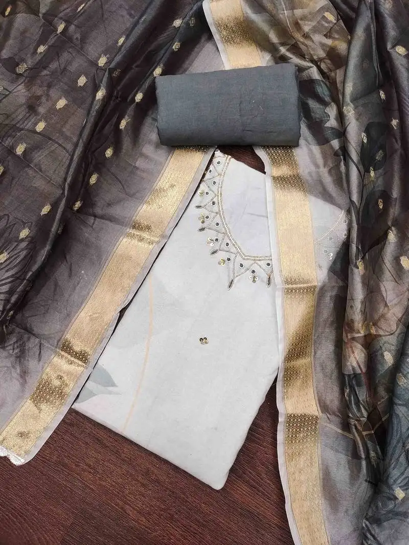 Women's grey cambric cotton handwork unstitched dress material