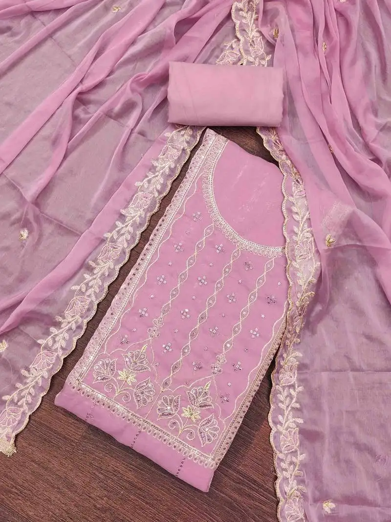 Women's pink viscose satin embroidered unstitched dress material