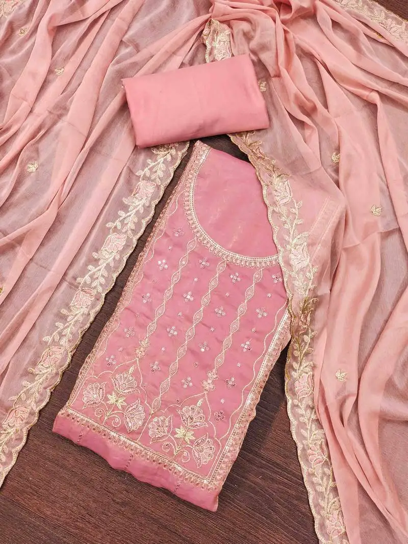 Women's pink peach satin embroidered unstitched dress material