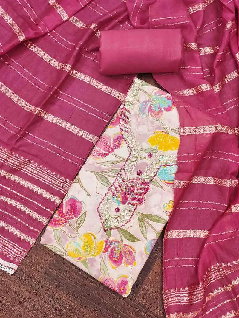 Women's pink cotton handwork unstitched dress material