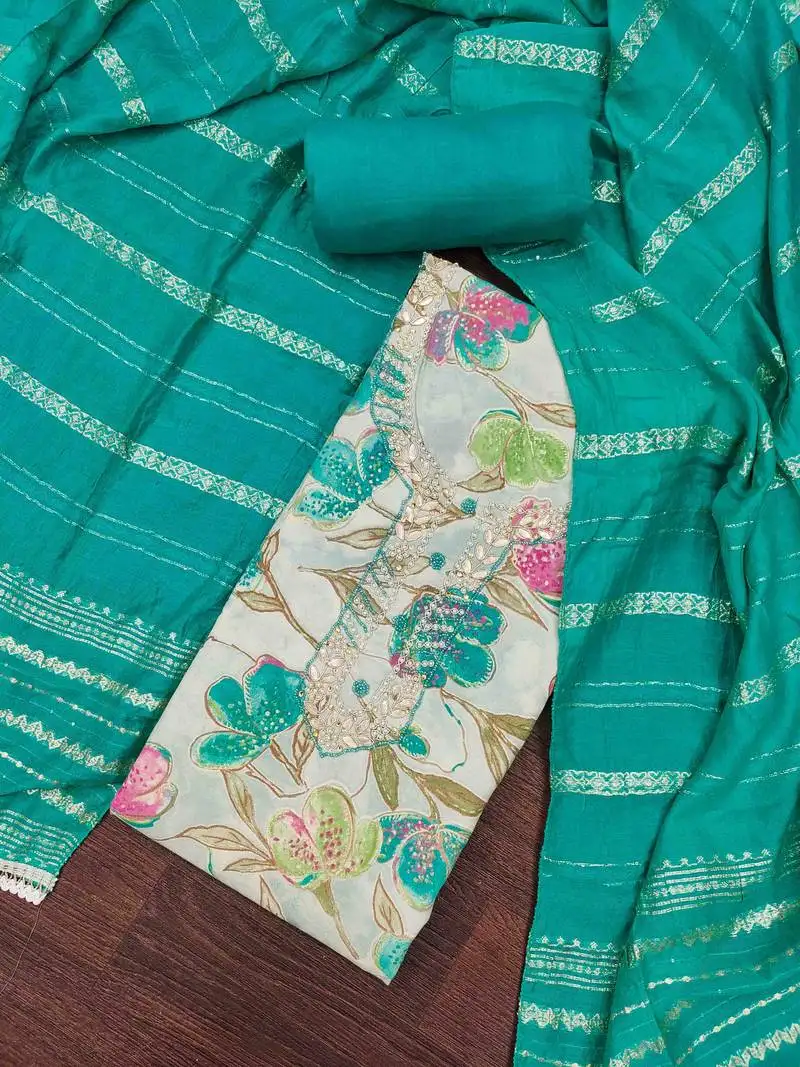 Women's turquoise cotton handwork unstitched dress material