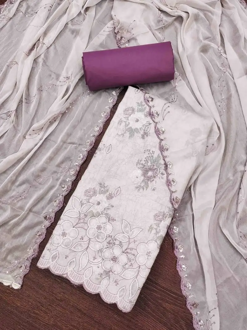 Women's off-white cambric cotton embroidered unstitched dress material